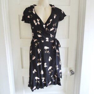 Pink Wheels Black Floral Retro Ruffle Wrap Dress XS